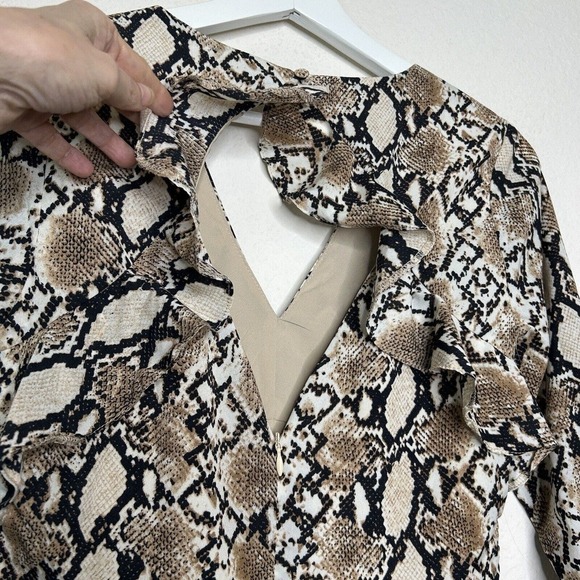 Scully Snakeskin Ruffle Open Back 3/4 Sleeved Tan Dress S - Picture 11 of 13